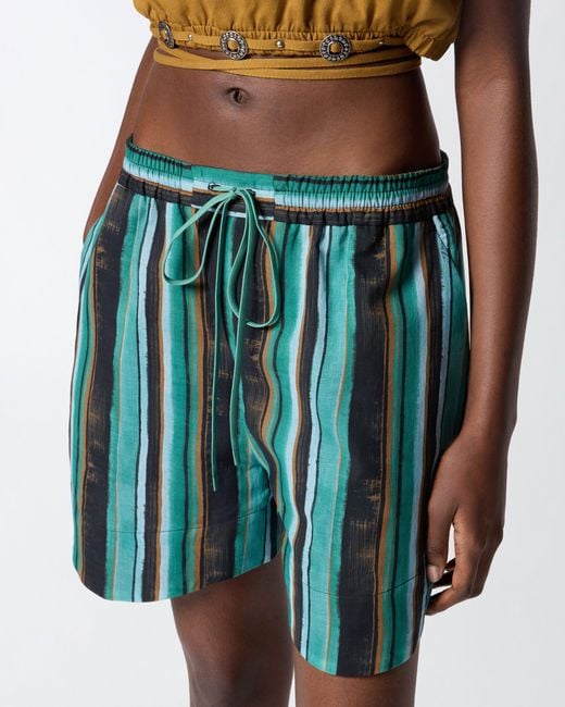 Pinko Green Cotton Shorts With Brushstroke-Effect Stripes