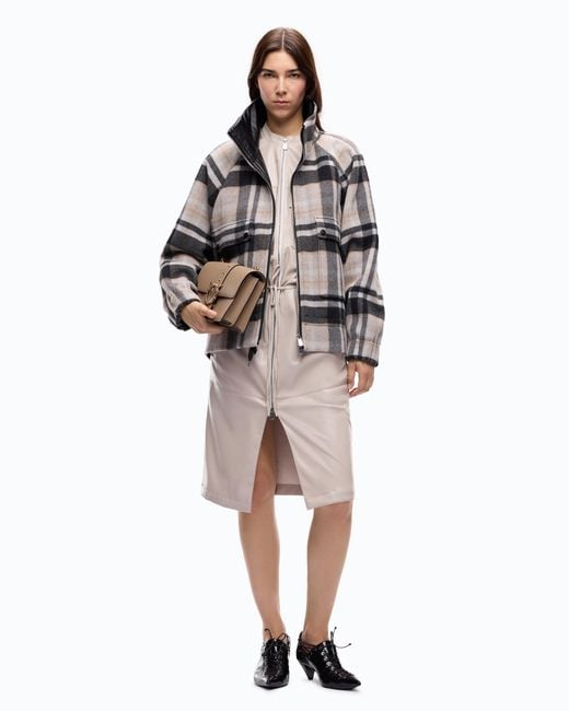 Pinko Black Pea Coat With Zip And Check Pattern