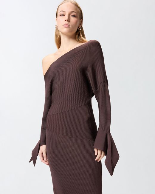 Pinko Brown Long Rib-Knit Dress With Asymmetrical Neckline