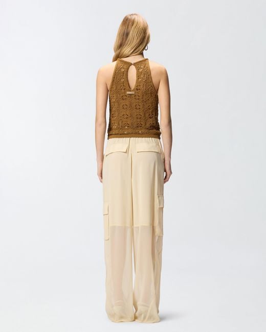 Pinko Brown Crochet-Effect Top With Appliqué Flowers