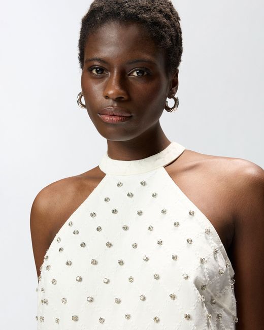 Pinko White Halterneck Top With Diamond Motif And Rhinestones
