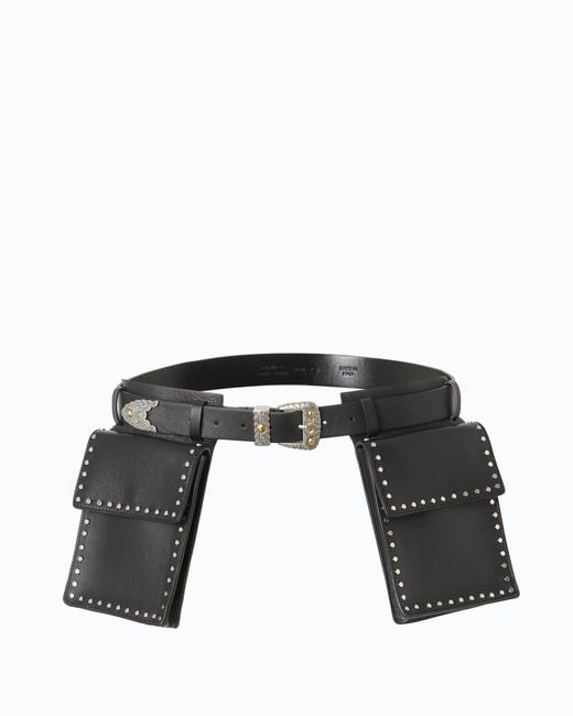 Pinko Black Texan Leather Belt With Storage Pockets, 3 Cm