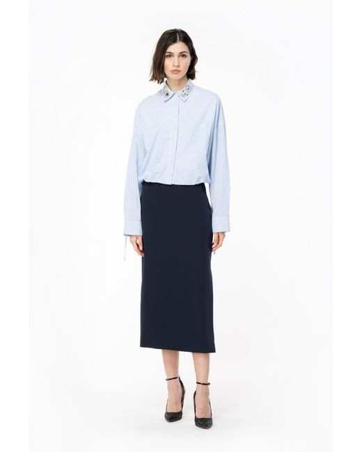 Pinko Blue Cropped Striped Shirt With Bejewelled Collar