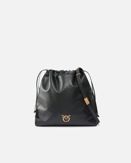 Pinko Black Leather Mini Slouchy Bag With Love Birds Logo