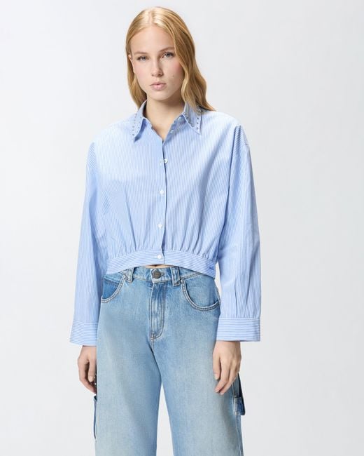 Pinko Blue Cropped Striped Shirt With Jewel Collar