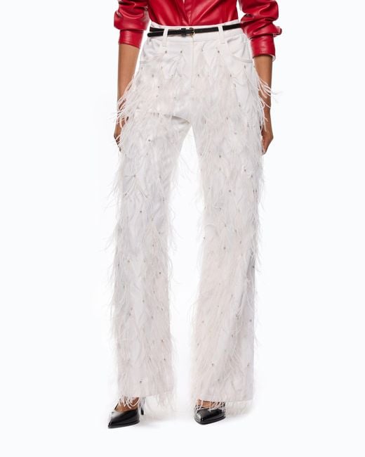 Pinko White Wide-Leg Trousers With Feathers And Rhinestones