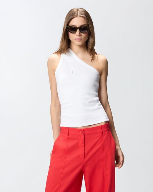 Pinko White Rib-Knit Tank Top With V-Neck And Logo