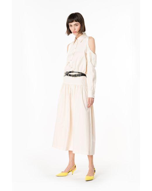 Pinko Natural Shirt Dress With Open Shoulders And Fringing