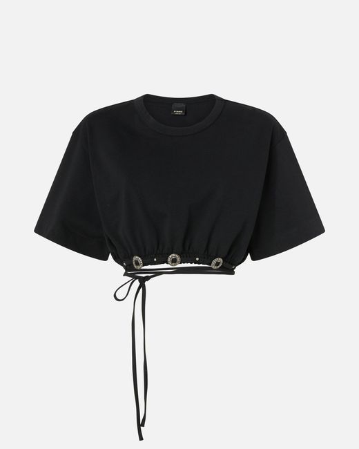 Pinko Black Cropped T-Shirt With Lace And Texan Details