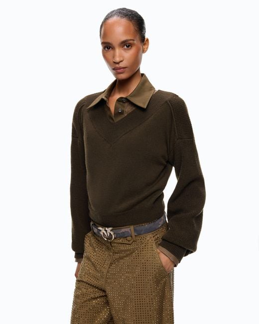 Pinko Green Cropped Wool Sweater With Balloon Sleeves