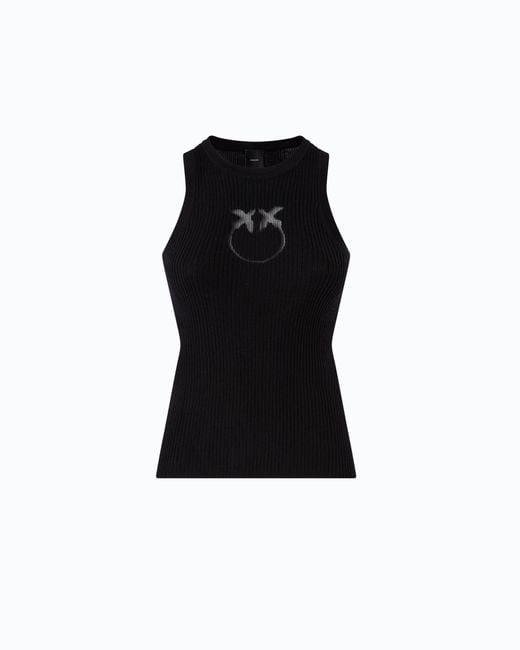 Pinko Black Ribbed Top With Sheer Love Birds Logo