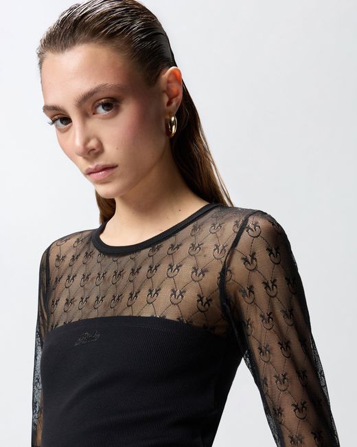 Pinko Black Jersey Sweater With Love Birds Logo Lace