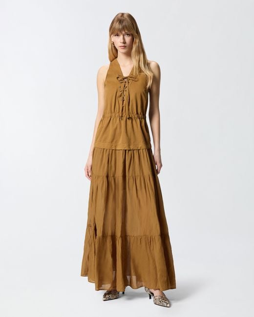 Pinko Natural Long Cotton Dress With Flounce And Ribbons