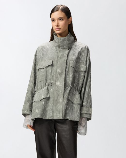 Pinko Gray Technical Parka With Rhinestone-Effect Mini Studs, Wild Dove