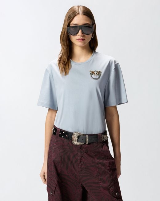 Pinko Blue T-Shirt With Love Birds Jewel Detail