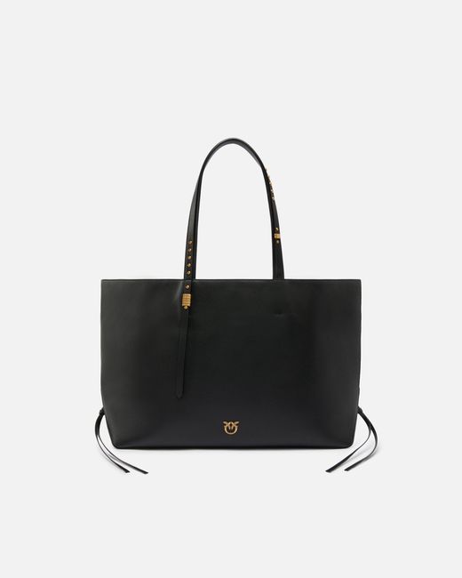 Pinko Black Medium Leather Shopper Bag With Metal Details