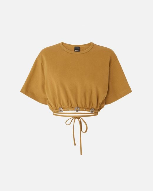 Pinko Natural Cropped T-Shirt With Lace And Texan Details
