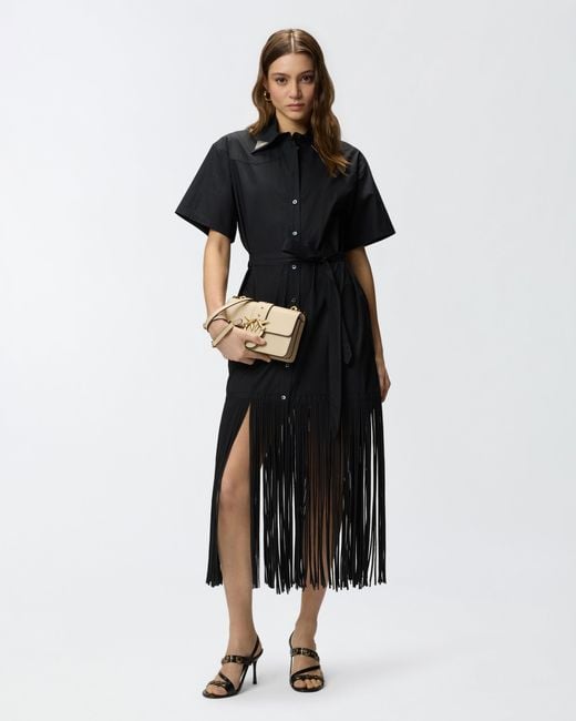 Pinko Black Long Shirt Dress With Fringing And Metallic Details