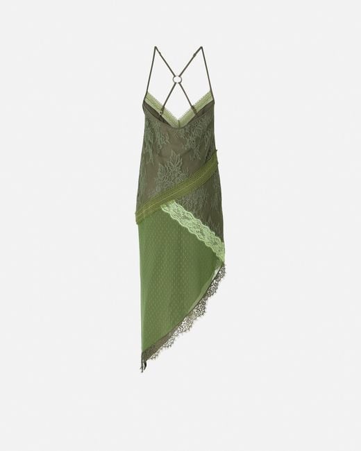 Pinko Green Asymmetric Patchwork-Effect Lace Mini Dress