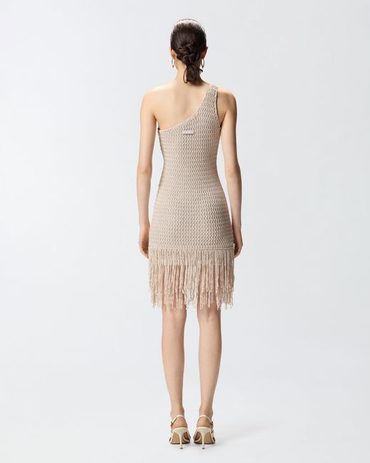 Pinko White One-Shoulder Mini Dress With Fringing