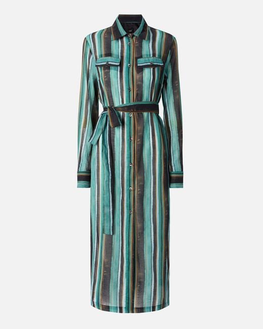 Pinko Green Cotton Midi Shirt Dress With Brushstroke-Effect Stripes
