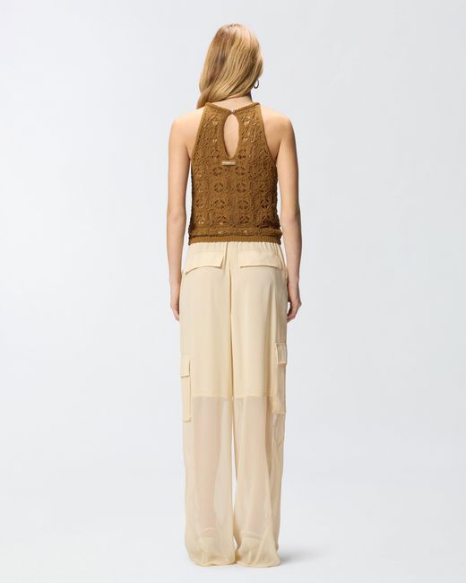 Pinko Brown Crochet-Effect Top With Appliqué Flowers