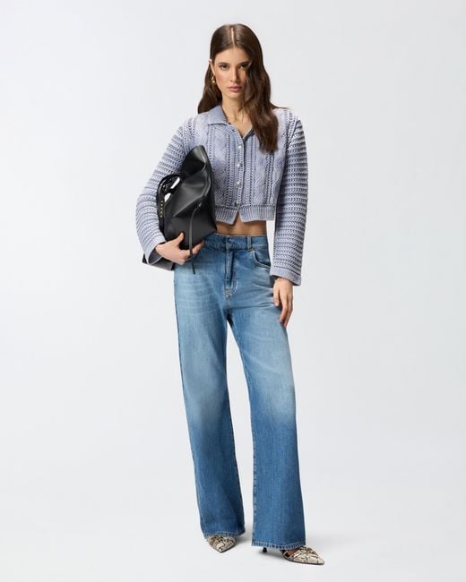 Pinko Blue Cropped Cardigan With Chunky Knit And Braids