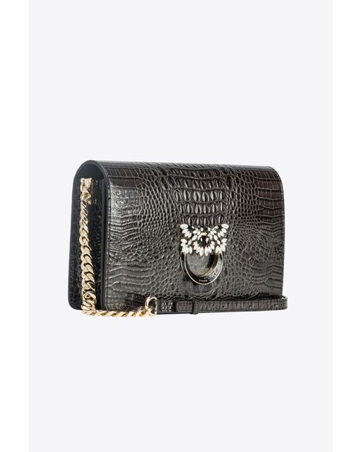 Pinko Black Galleria Classic Love Bag Click In Shiny Crocodile-print Leather