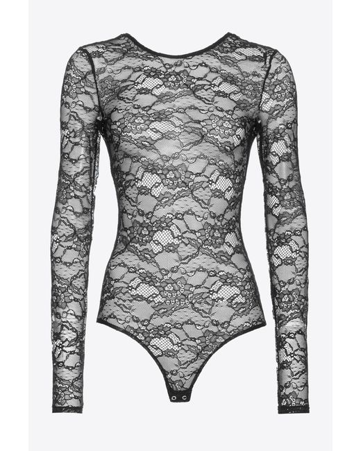 Pinko Gray Long-sleeved Lace Bodysuit