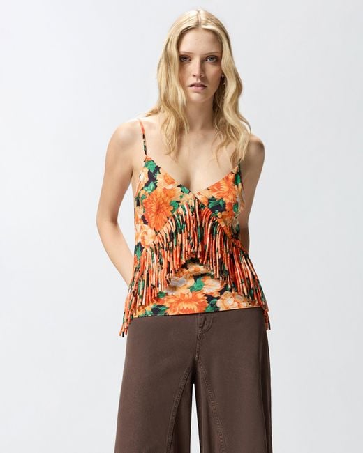 Pinko White Sleeveless Top With Fringing And Floral Print