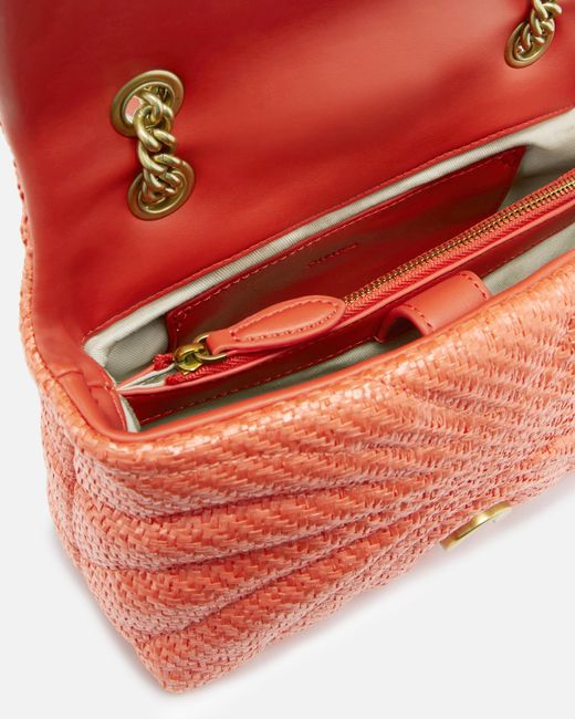 Pinko Orange Love Bag Puff Mini Crossbody Bag In Raffia With Chain