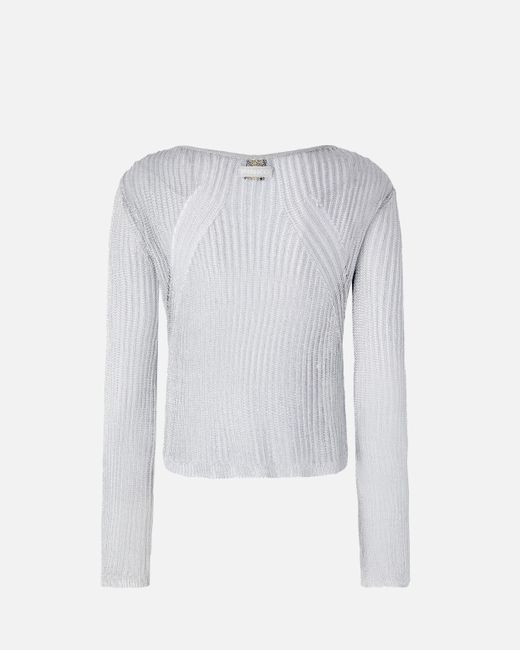 Pinko Blue Sheer Metallic Sweater With Wide Neck