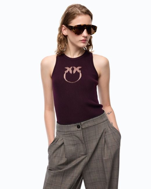 Pinko Purple Ribbed Top With Sheer Love Birds Logo