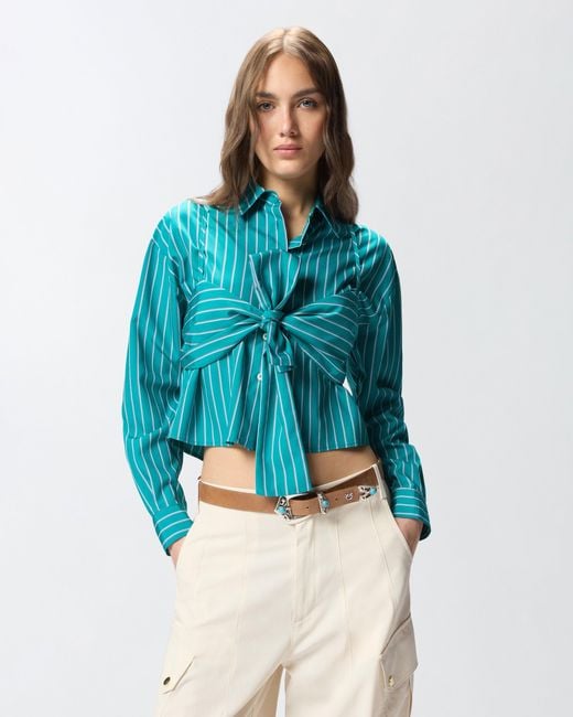 Pinko Blue Striped Cropped Shirt With Bow