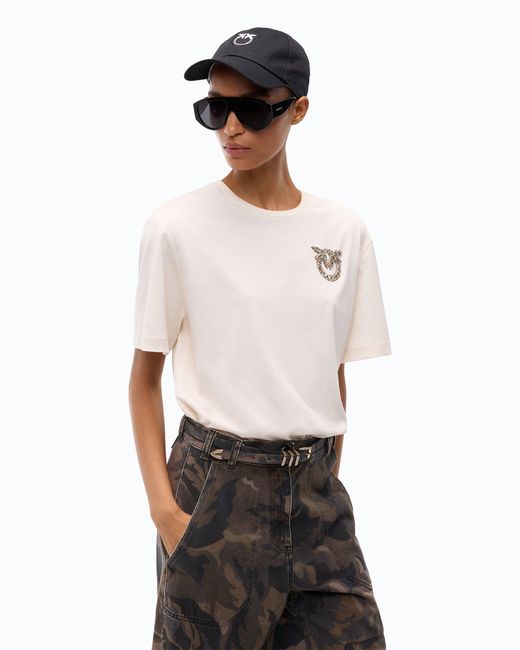Pinko White T-Shirt With Love Birds Jewel Detail