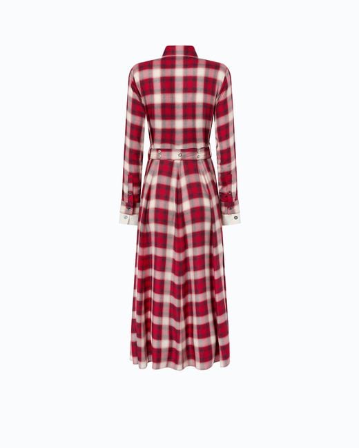Pinko Red Long Shirt Dress With Check Pattern And Belt