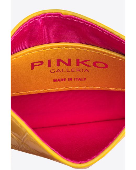Pinko Yellow Galleria Card Holder In Shiny Coloured Croc-print Leather