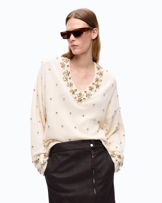 Pinko Natural Wool And Cashmere Sweater With Jewel Appliqués