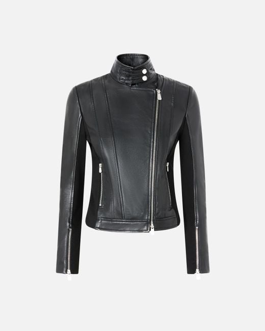 Pinko Black Bikerjacke Aus Leder Mit Rücken Aus Stoff, Limousinenschwarz