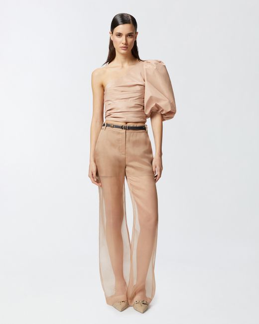 Pinko White Wide-leg Trousers In Sheer Organza And Linen
