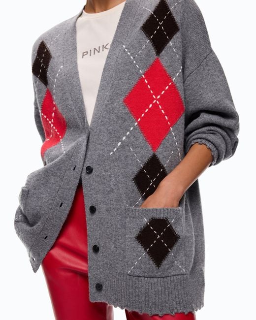 Pinko Gray Wool And Cashmere Cardigan With Diamond Motif