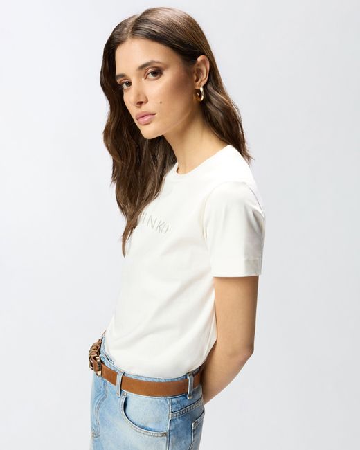 Pinko White T-Shirt With Logo Embroidery