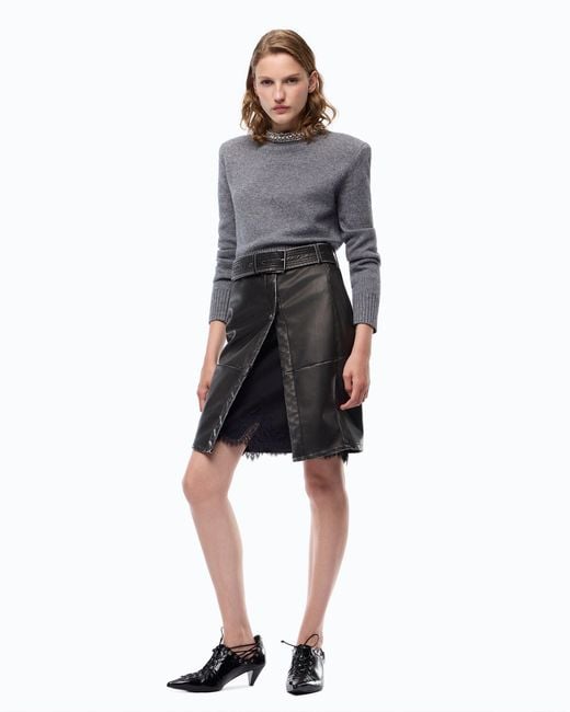 Pinko Black Leather-Effect Knee-Length Skirt With Belt And Slit