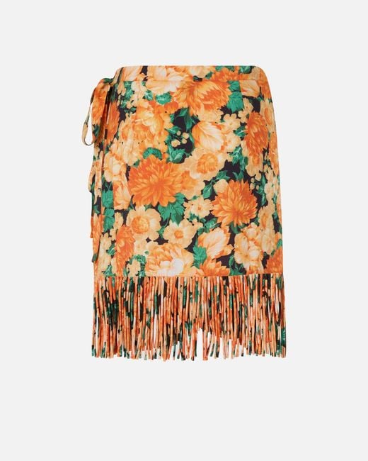Pinko Orange Short Skirt With Fringing And Botanic Garden Print