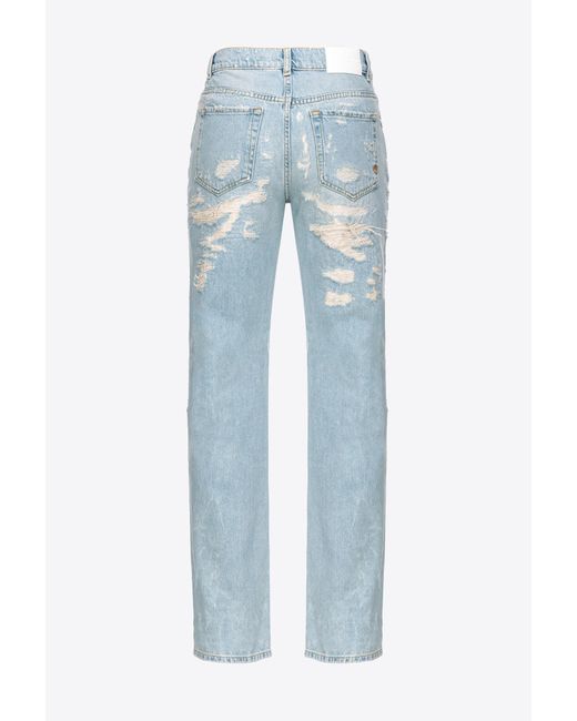 Jeans straight denim con strappi di Pinko in Blue