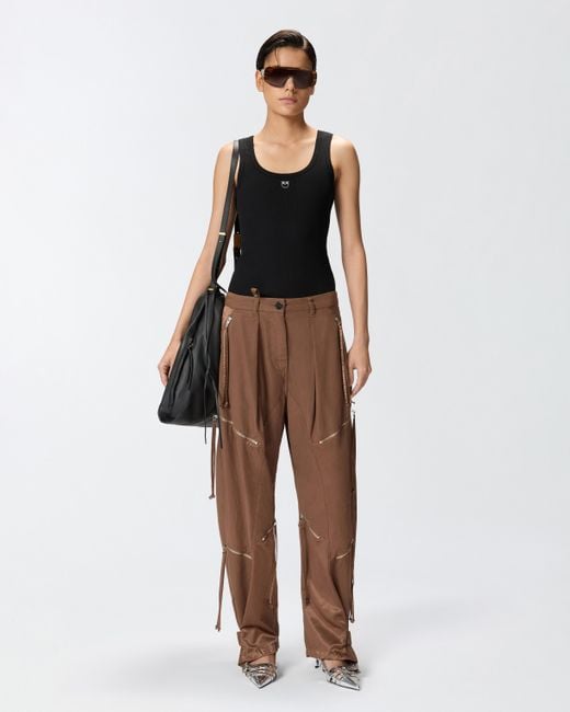 Pantalon P-Pants En Gabardine Et Satin Avec Fermetures Zippées, Marron Pinko en coloris Brown
