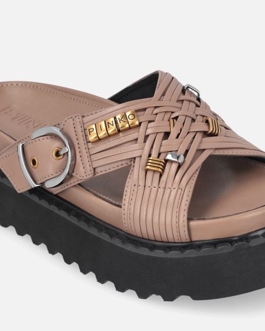 Pinko White Woven Nappa Leather Slip-On Sandals With Metallic Rings