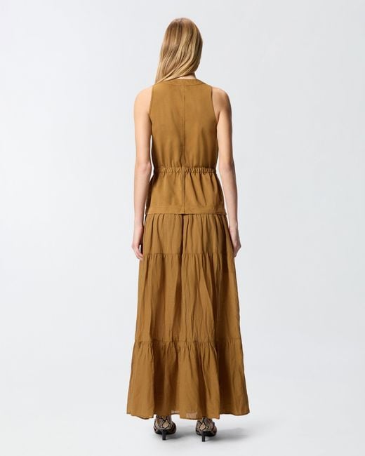 Pinko Natural Long Cotton Dress With Flounce And Ribbons