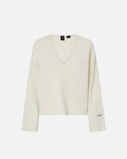 Pinko White Wool And Cashmere V-neck Ribbed Sweater