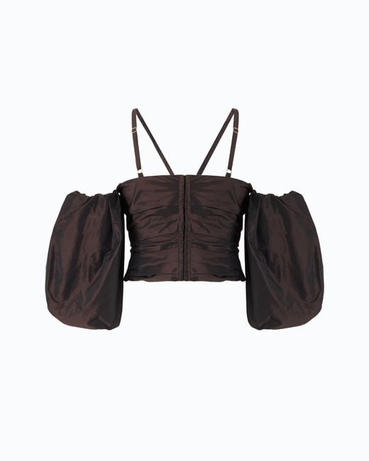 Pinko Black Crop Top With Puff Sleeves